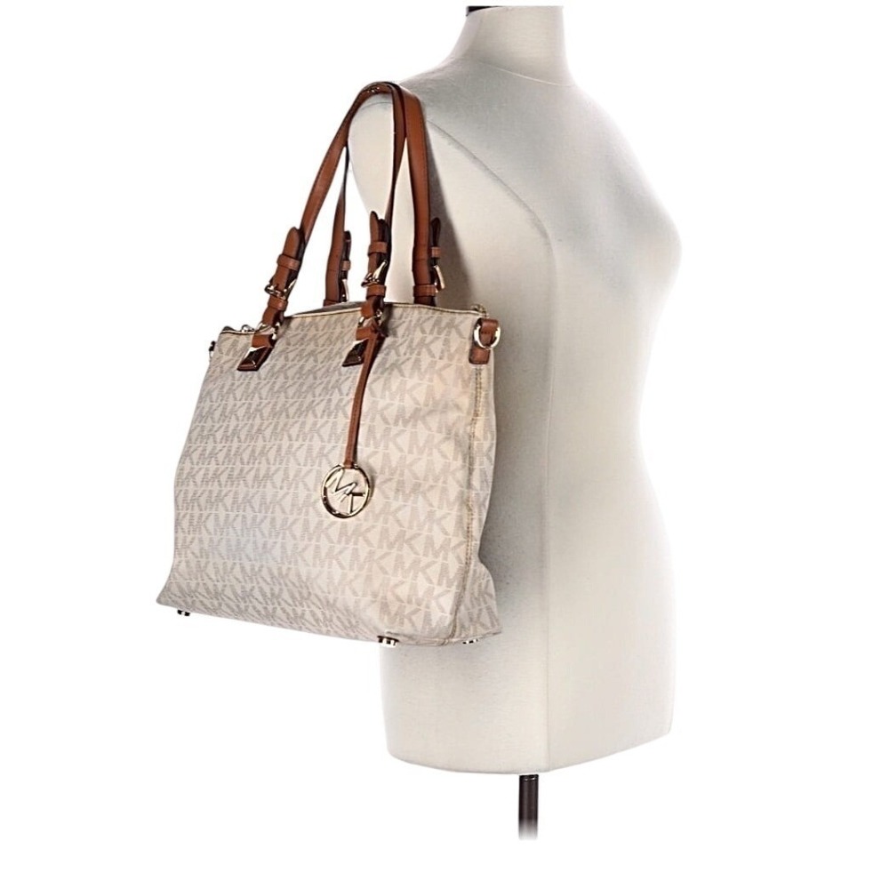 Michael Kors Signature MK Monogram Tote Bag Beige Brown Leather Accents - Picture 2 of 5